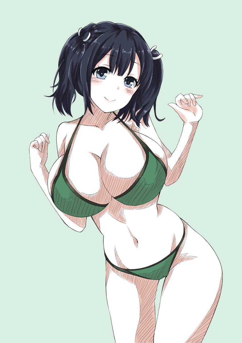 1girl bikini black_hair blue_background blue_eyes breasts cleavage cowboy_shot green_bikini hair_ribbon highres kantai_collection large_breasts leaning_forward long_hair looking_at_viewer nakura_haru ribbon simple_background smile solo souryuu_(kantai_collection) swimsuit thigh_gap twintails