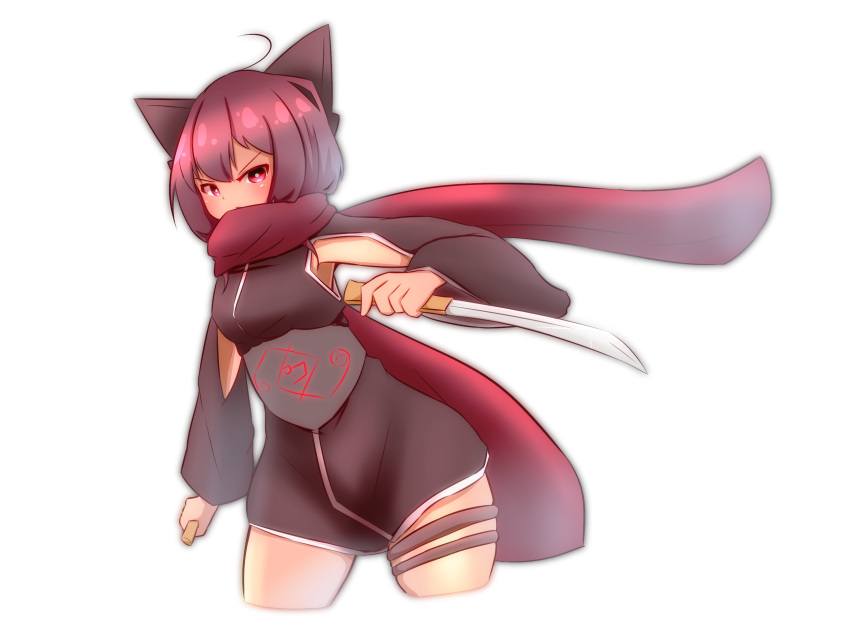 1girl ahoge animal_ears bangs black_kimono blush cat_ears covered_eyes cropped_legs dual_wielding hair_between_eyes highres holding holding_sword holding_weapon idaten93 japanese_clothes kimono long_hair looking_at_viewer ninja original parted_lips red_eyes red_scarf redhead scarf short_kimono short_sword simple_background solo sword v-shaped_eyebrows weapon white_background