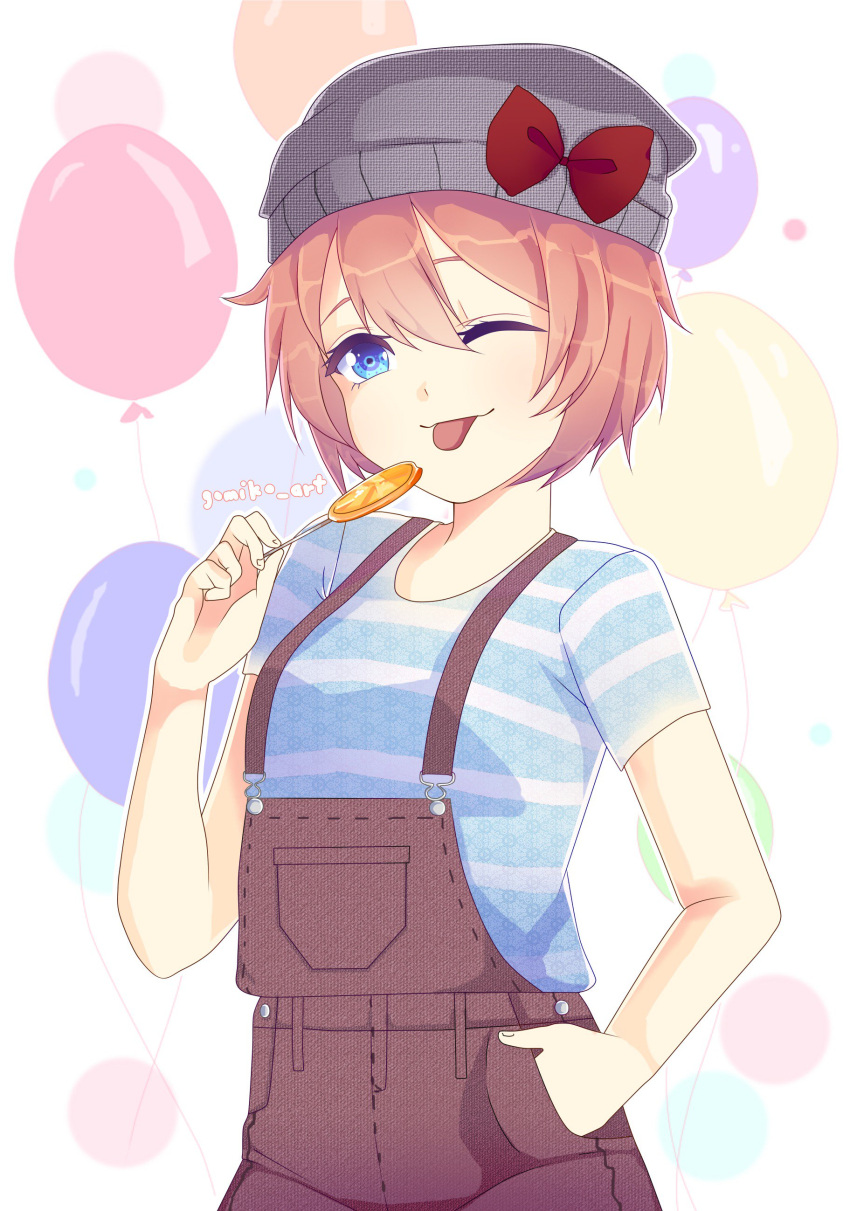 1girl ;p absurdres artist_name balloon blue_eyes bow candy commentary doki_doki_literature_club english_commentary food gomi_(gomiko_art) hair_between_eyes hand_in_hair hat hat_bow highres light_brown_hair lollipop looking_at_viewer one_eye_closed overalls sayori_(doki_doki_literature_club) shirt short_hair short_sleeves solo striped striped_shirt tongue tongue_out