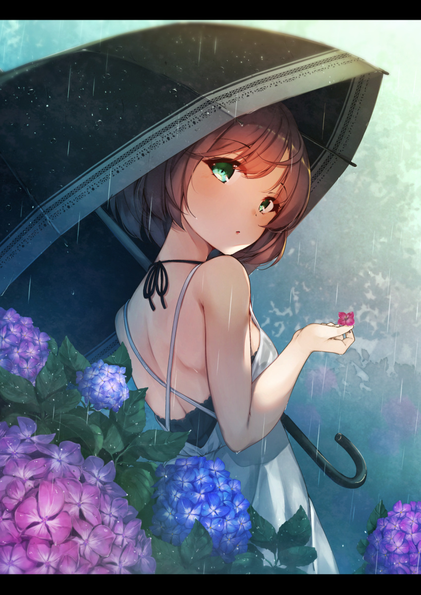 1girl back blush breasts brown_hair commentary_request eyebrows_visible_through_hair flower from_behind green_eyes highres holding holding_umbrella hydrangea letterboxed looking_at_viewer looking_back original outdoors rain rerrere short_hair sideboob small_breasts solo spaghetti_strap umbrella