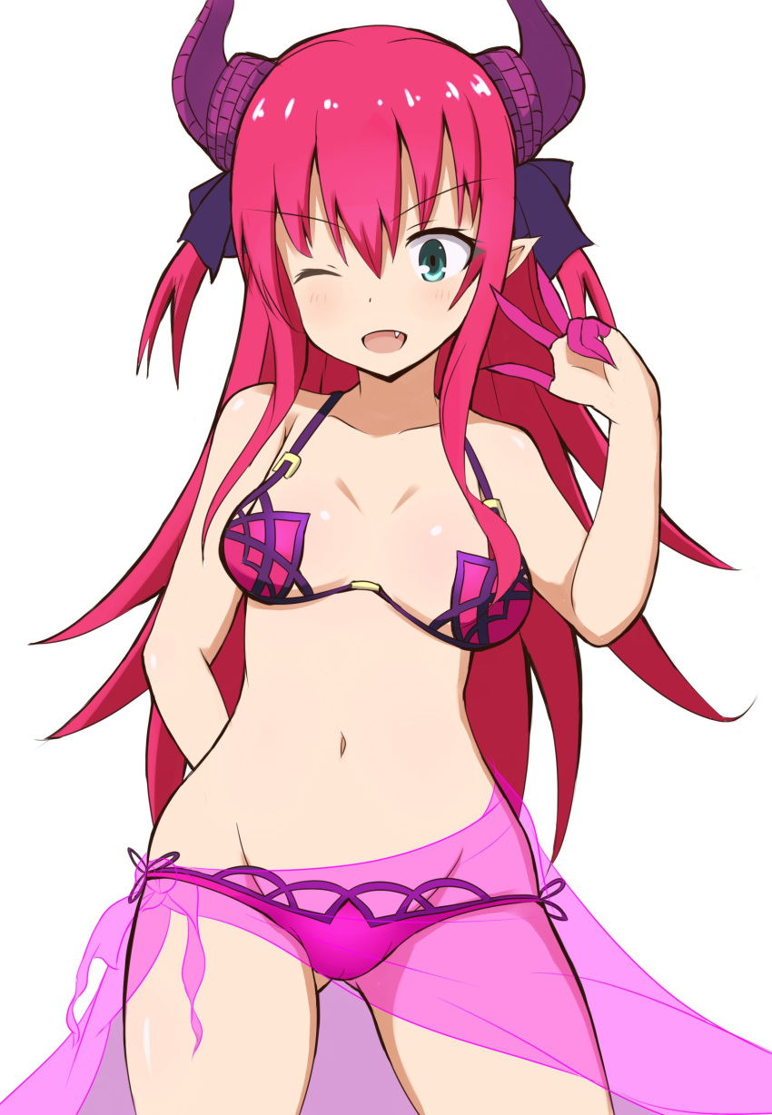 1girl ;d absurdres bangs bare_arms bare_shoulders bikini blue_eyes blush breasts collarbone commentary_request cosplay curled_horns dragon_horns elizabeth_bathory_(fate) elizabeth_bathory_(fate)_(all) eyebrows_visible_through_hair fang fate/extra fate/extra_ccc fate/grand_order fate_(series) gluteal_fold hair_between_eyes hair_ribbon hand_up highres horns long_hair looking_at_viewer medium_breasts mitchi navel one_eye_closed open_mouth pink_hair purple_bikini purple_ribbon ribbon sarong scathach_(fate/grand_order) scathach_(swimsuit_assassin)_(fate) scathach_(swimsuit_assassin)_(fate)_(cosplay) see-through simple_background smile solo swimsuit two_side_up very_long_hair w white_background