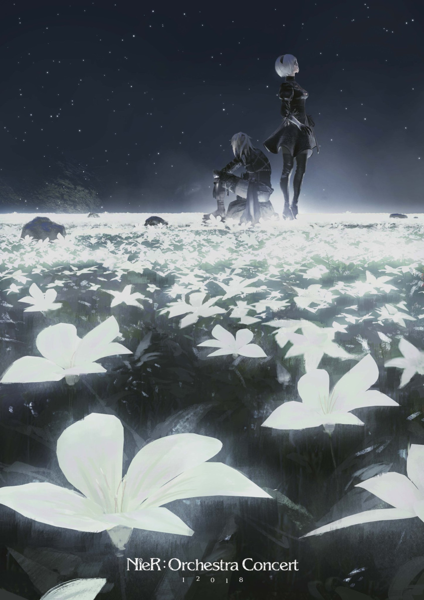 1boy 1girl black_dress blindfold boots chains copyright_name dark_background dress field flower flower_field glowing head_down highres light_particles looking_up nier nier_(series) nier_(young) nier_automata official_art rock sash short_hair silver_hair sitting square_enix thigh-highs thigh_boots yorha_no._2_type_b