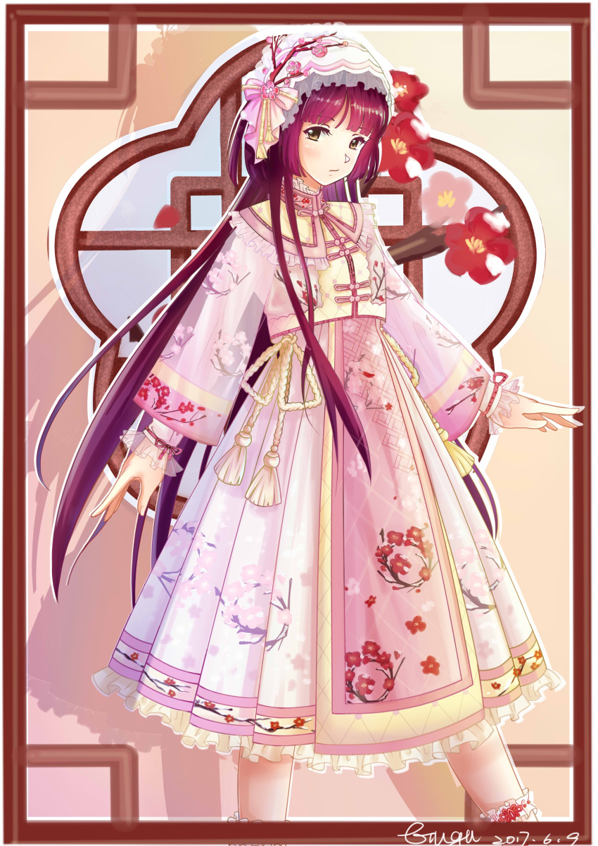 1girl absurdres artist_name bow brown_eyes dated dress floral_print flower frills gugu_(mirukai) hat hat_bow highres long_hair long_sleeves looking_at_viewer miracle_nikki pink_bow pink_dress plum_blossoms purple_hair see-through solo standing very_long_hair white_hat