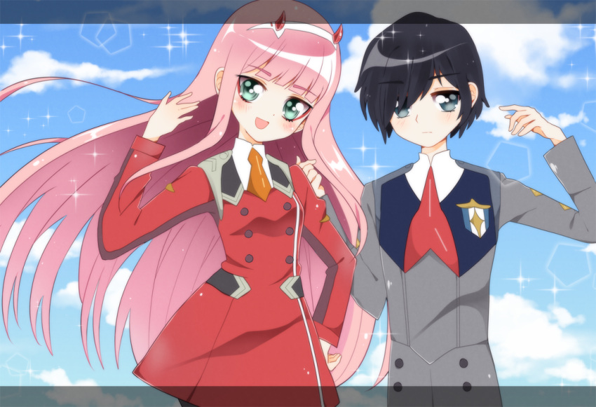 1boy 1girl bangs black_hair blue_eyes blue_sky blush clouds cloudy_sky commentary couple darling_in_the_franxx day eyebrows_visible_through_hair fringe green_eyes hair_ornament hairband hand_up hetero hiro_(darling_in_the_franxx) horns long_hair long_sleeves looking_at_viewer military military_uniform necktie oni_horns orange_neckwear pink_hair powder_pufff red_horns red_neckwear short_hair sky uniform white_hairband zero_two_(darling_in_the_franxx)