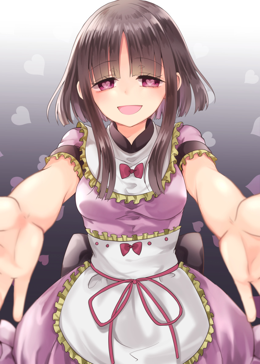 1girl apron bangs blunt_bangs bow breasts brown_hair commentary_request cowboy_shot dress eyebrows_visible_through_hair foreshortening frilled_apron frilled_shirt_collar frills gradient gradient_background grey_background heart heart-shaped_pupils highres looking_at_viewer medium_breasts mimoto_(aszxdfcv) nishida_satono no_hat no_headwear open_mouth outstretched_arms pink_bow pink_dress pink_eyes pink_ribbon reaching red_neckwear ribbon shiny shiny_hair short_hair_with_long_locks short_sleeves smile solo symbol-shaped_pupils touhou waist_apron white_apron white_background