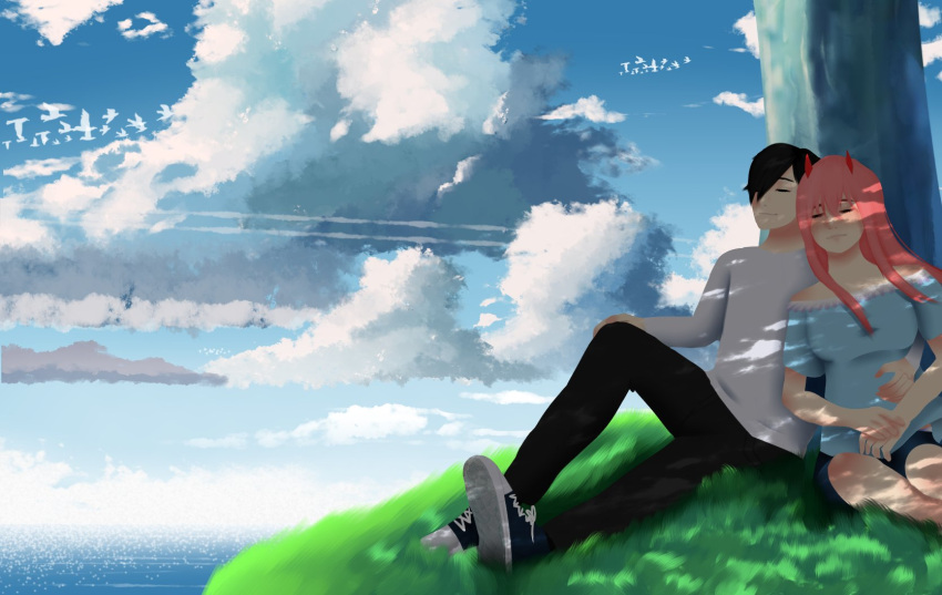 1boy 1girl bangs bird black_hair black_pants blouse blue_blouse blue_shorts blue_sky breasts cleavage closed closed_eyes clouds cloudy_sky collarbone commentary couple darling_in_the_franxx day fringe fur_trim grass hand_on_another's_stomach hetero highres hiro_(darling_in_the_franxx) horns kofi_jelly long_hair long_sleeves oni_horns pants pink_hair red_horns seagull shirt short_hair short_sleeves shorts sitting sky sleeping sleeping_on_person thighs tree white_shirt zero_two_(darling_in_the_franxx)