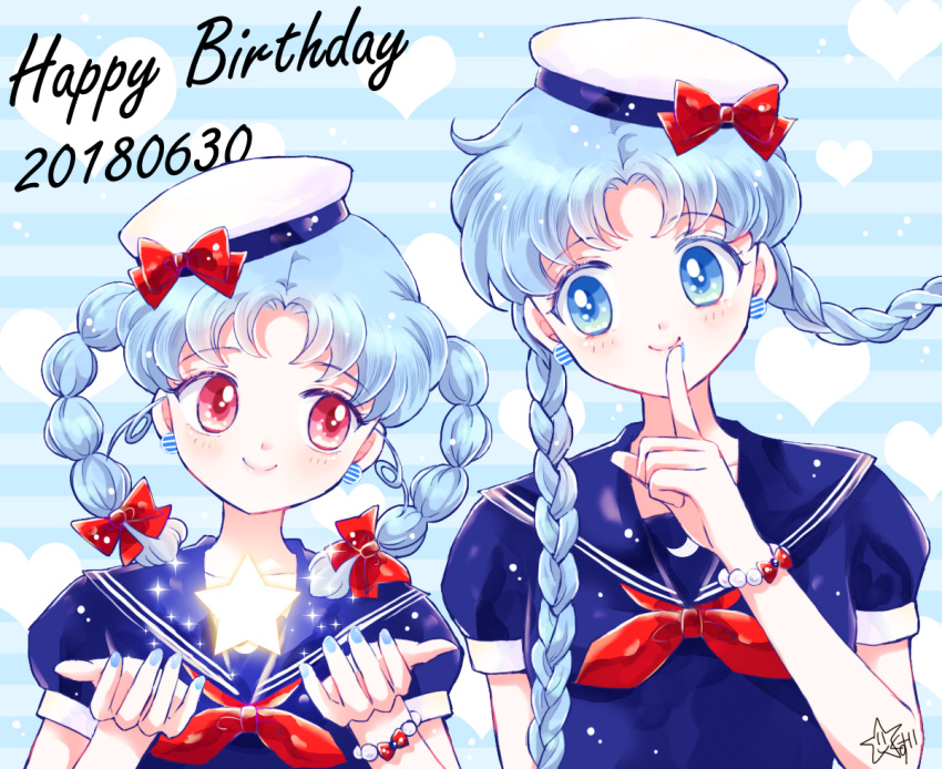 2girls alternate_hair_color alternate_hairstyle bangs bishoujo_senshi_sailor_moon blue blue_background blue_eyes blue_hair blue_sailor_collar bow bracelet braid chibi_usa closed_mouth crescent dated earrings finger_to_mouth hair_bow happy_birthday hat hat_bow hoshikuzu_(milkyway792) jewelry long_hair looking_at_another multiple_girls parted_bangs red_bow red_eyes sailor sailor_collar smile star striped striped_background tsukino_usagi twin_braids upper_body white_hat