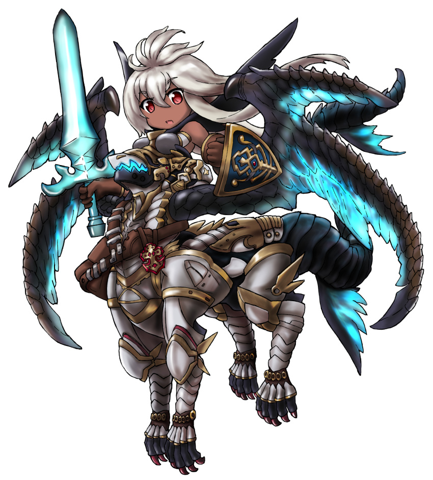 1girl armor belt brown_gloves centauroid chibi dark_skin gloves granblue_fantasy highres holding holding_sword holding_weapon long_hair looking_at_viewer monsterification red_eyes shield silver_hair solo standing sword takoyakin weapon zooey_(granblue_fantasy)