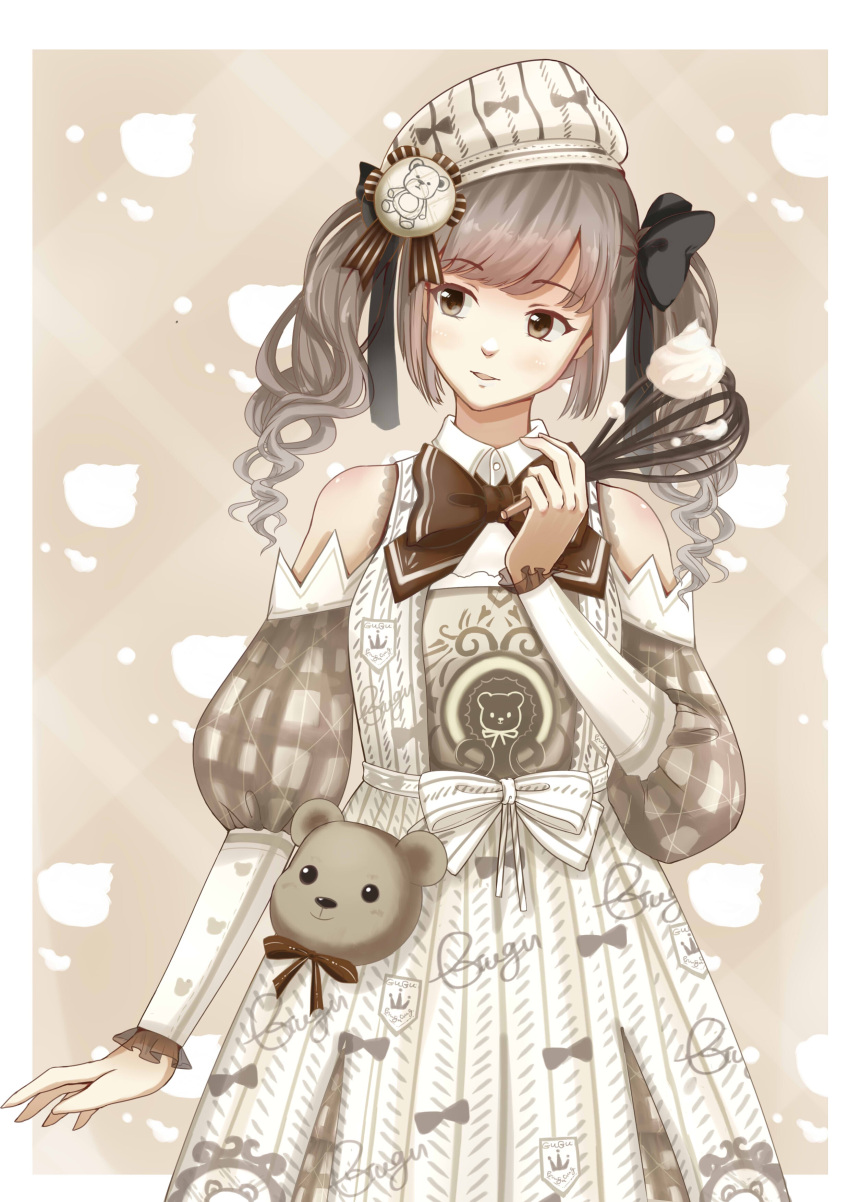 1girl absurdres black_bow bow brown_bow brown_eyes brown_hair cream detached_sleeves gugu_(mirukai) hair_bow hand_up hat highres miracle_nikki open_mouth puffy_sleeves side_glance simple_background skirt standing stuffed_animal stuffed_toy teddy_bear twintails whisk white_bow white_hat white_skirt