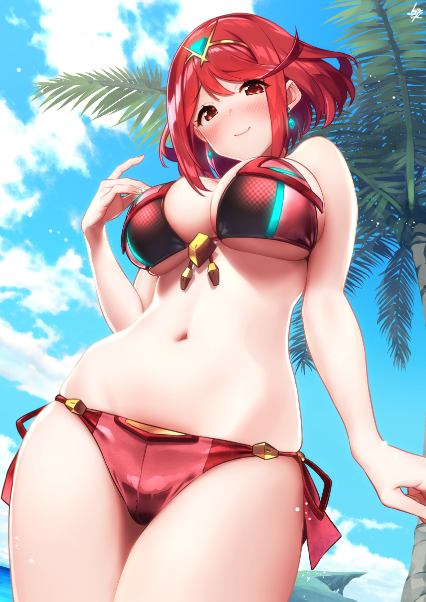 1girl absurdres baffu bangs bare_shoulders bikini blue_sky blush breasts cleavage collarbone day earrings eyebrows_visible_through_hair highres hips pyra_(xenoblade) jewelry large_breasts looking_at_viewer navel outdoors palm_tree red_bikini red_eyes redhead short_hair sidelocks sky smile solo swept_bangs swimsuit thighs tiara tree waist xenoblade_(series) xenoblade_2