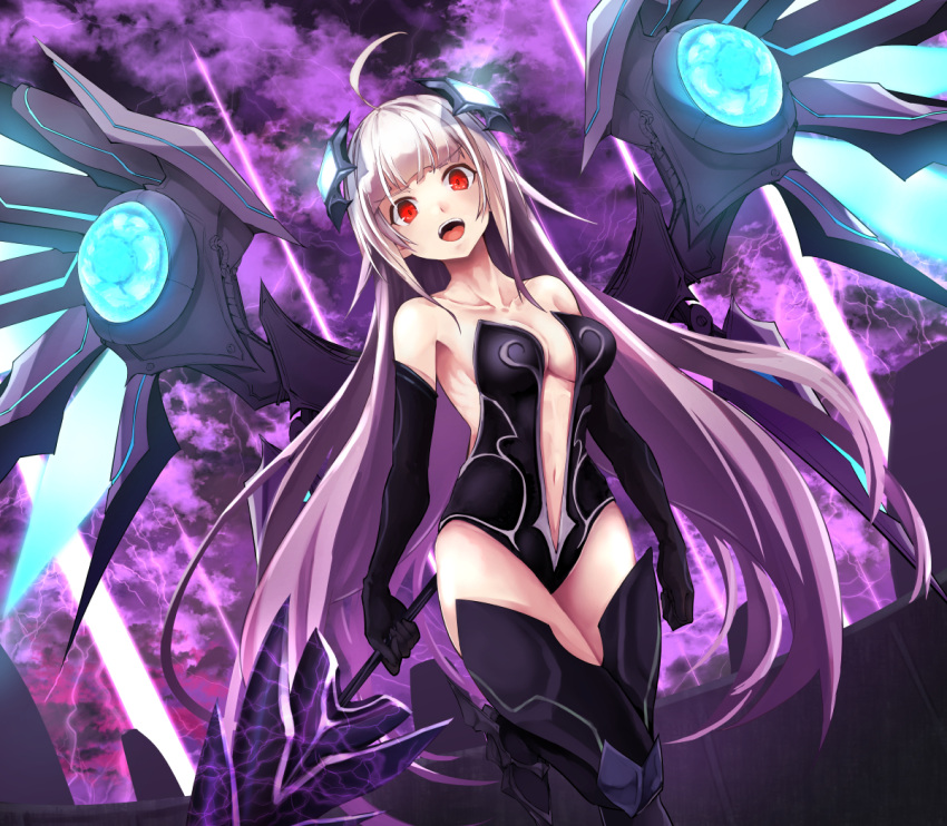 1girl ahoge bare_shoulders black_gloves black_legwear black_leotard breasts center_opening cleavage clouds elbow_gloves electricity gloves glowing hair_ornament leg_up leotard long_hair mechanical_wings navel noa_(nagareboshi) open_mouth original red_eyes sky smile solo standing standing_on_one_leg strapless strapless_leotard sword thigh-highs very_long_hair weapon white_hair wings