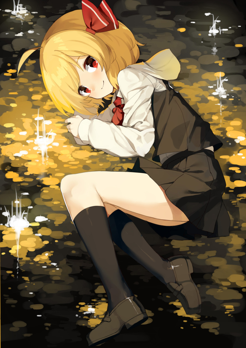 1girl ahoge ascot black_footwear black_legwear black_skirt black_vest blonde_hair blush commentary_request full_body hair_ribbon highres kneehighs loafers long_sleeves looking_at_viewer lying miniskirt on_side pleated_skirt red_eyes red_neckwear red_ribbon ribbon rumia sh_(562835932) shirt shoes short_hair skirt smile solo touhou vest white_shirt