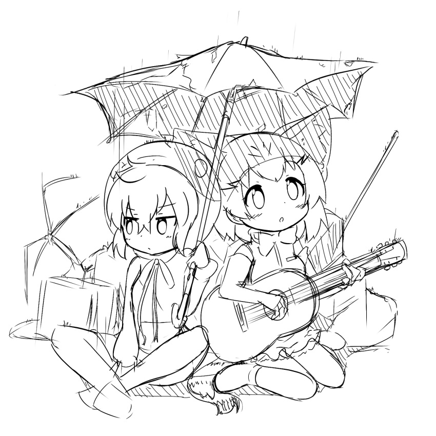 2girls :o animal_ears bangs bare_shoulders blush bow bowtie breasts cat_ears cat_tail closed_mouth damaged elbow_gloves eyebrows_visible_through_hair fingerless_gloves gloves greyscale hair_between_eyes highres holding holding_instrument holding_umbrella hood hood_up hoodie instrument kemono_friends long_sleeves looking_away looking_up makuran medium_breasts monochrome multiple_girls parted_lips rain sand_cat_(kemono_friends) shirt shoes sitting sketch sleeveless sleeveless_shirt tail tsuchinoko_(kemono_friends) umbrella