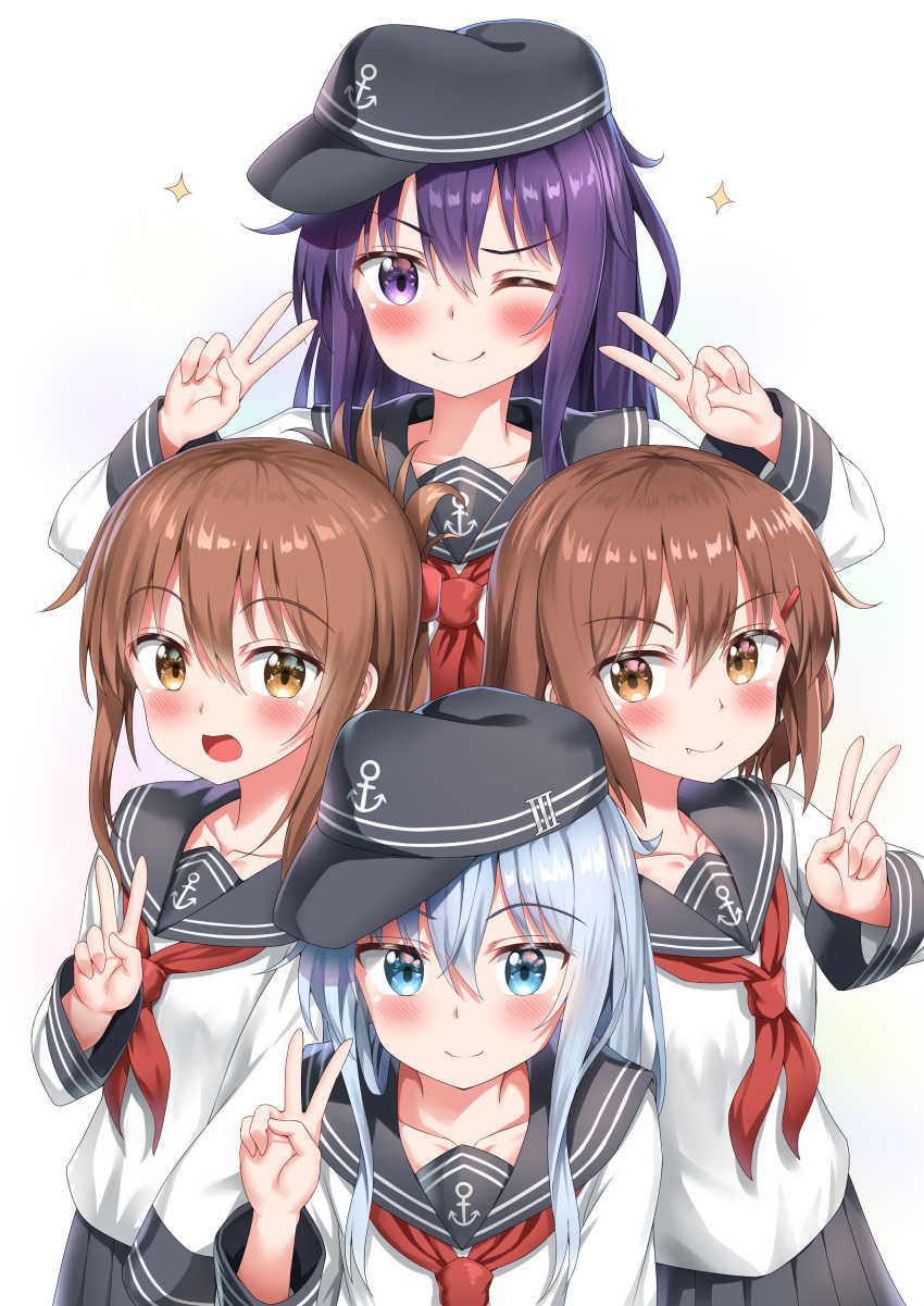 4girls absurdres akatsuki_(kantai_collection) anchor_symbol black_sailor_collar black_skirt blue_eyes brown_eyes brown_hair flat_cap folded_ponytail hair_between_eyes hat hibiki_(kantai_collection) highres ikazuchi_(kantai_collection) inazuma_(kantai_collection) kantai_collection long_hair looking_at_viewer multiple_girls neckerchief nedia_(nedia_region) one_eye_closed pleated_skirt pose purple_hair sailor_collar school_uniform serafuku silver_hair simple_background skirt upper_body violet_eyes white_background