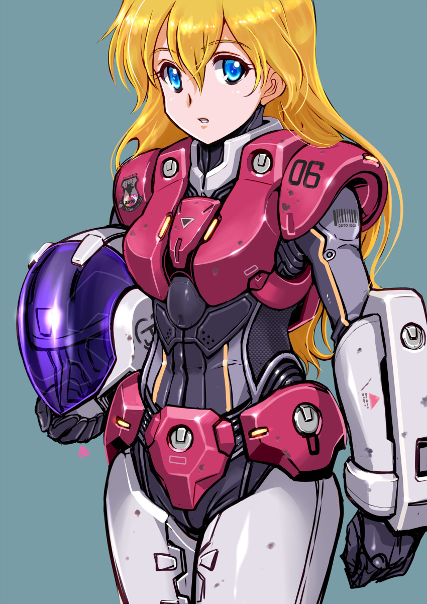 1girl absurdres armor blonde_hair body_armor damaged dirty gloves headwear_removed helmet helmet_removed highres houquet_et_rose kikou_souseiki_mospeada long_hair looking_at_viewer mecha mercy_rabbit mospeada power_armor simple_background solo