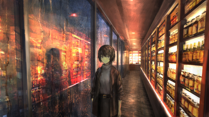 1girl belt brown_eyes brown_hair closed_mouth expressionless eyebrows_visible_through_hair highres indoors looking_at_viewer original peke_(shadow105) scenery short_hair solo sweater turtleneck turtleneck_sweater