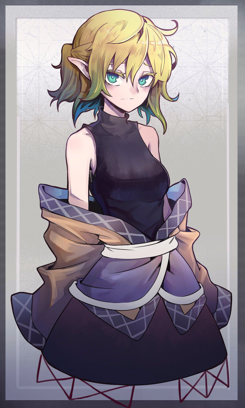 1girl blonde_hair border colored_eyelashes green_eyes highres looking_at_viewer mizuhashi_parsee off_shoulder outside_border pointy_ears ponytail short_hair skirt sleeveless sleeveless_turtleneck solo st_(youx1119) touhou turtleneck