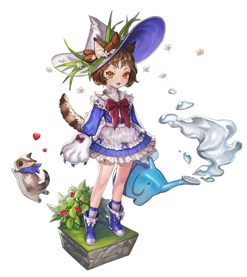 1girl :3 :d animal_ears blue_dress blue_footwear blush bow brown_eyes brown_hair caca cat cat_ears cat_paws cat_tail dress ears_through_headwear fang flower food fruit hat highres holding looking_at_viewer open_mouth original paws plant raspberry red_bow short_hair smile socks standing tail v-shaped_eyebrows water watering_can white_background white_hat