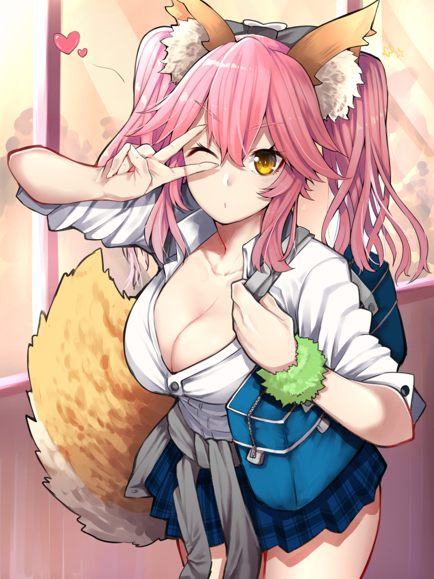 1girl absurdres animal_ears blush breasts cleavage clothes_around_waist collarbone fate/extella fate/extra fate/grand_order fate_(series) fox_ears fox_tail heart highres jacket_around_waist large_breasts long_hair looking_at_viewer mikan_(chipstar182) one_eye_closed pink_hair school_uniform shirt skirt smile solo tail tamamo_(fate)_(all) tamamo_jk_(fate) twintails unbuttoned yellow_eyes