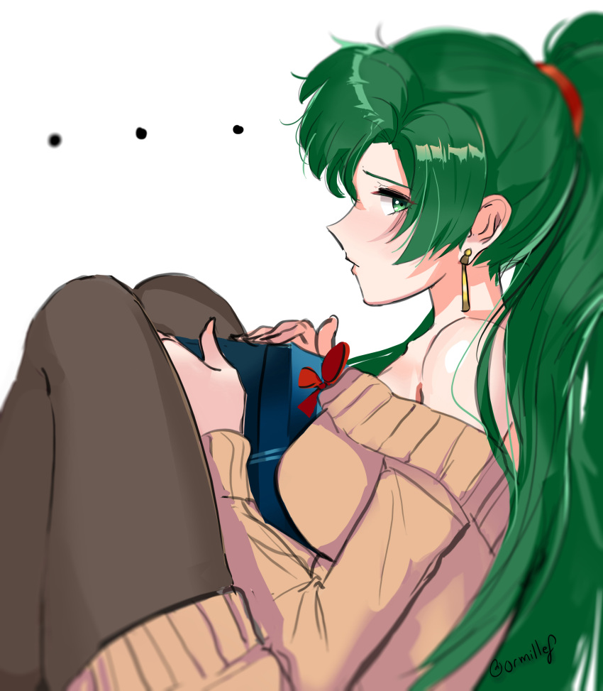 ... 1girl absurdres alternate_costume black_legwear casual contemporary earrings fire_emblem fire_emblem:_rekka_no_ken green_eyes green_hair highres jewelry long_hair looking_at_viewer looking_to_the_side lyndis_(fire_emblem) off-shoulder_sweater ormille pantyhose ponytail signature sketch solo sweater