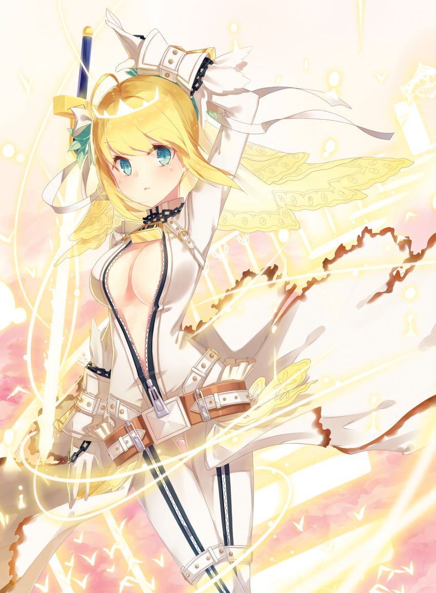 1girl absurdres ahoge belt blonde_hair blush bodysuit breasts cleavage closed_mouth d eyebrows_visible_through_hair fate/extra fate/extra_ccc fate/grand_order fate_(series) gloves green_eyes highres holding holding_sword holding_weapon large_breasts looking_at_viewer maya_g nero_claudius_(bride)_(fate) nero_claudius_(fate)_(all) petite short_hair solo sword weapon white_bodysuit white_gloves zipper