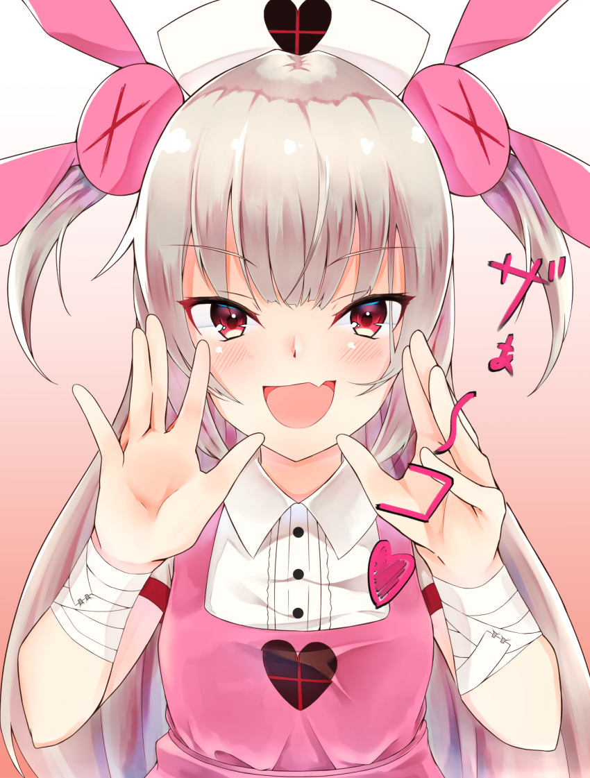 &gt;_&lt; 1girl :d apron bandage bandaged_arm bangs blush brown_background bunny_hair_ornament center_frills collared_shirt commentary_request eyebrows_visible_through_hair fang frills gradient gradient_background hair_ornament hands_up hat heart highres light_brown_hair long_hair natori_sana nurse_cap open_mouth pink_apron puffy_short_sleeves puffy_sleeves sana_channel shirt short_sleeves siroimo0828 smile solo two_side_up v-shaped_eyebrows very_long_hair virtual_youtuber white_background white_hat white_shirt