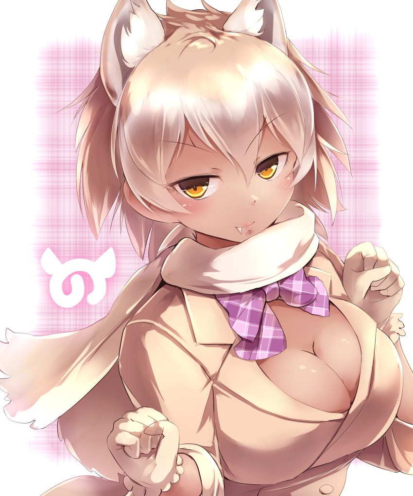 1girl absurdres alternate_color alternate_hair_color alternate_skin_color animal_ears bow bowtie breasts cleavage commentary_request dark_skin extra_ears eyebrows_visible_through_hair fang fang_out highres japari_symbol kanzakietc kemono_friends large_breasts looking_at_viewer orange_eyes plaid plaid_bow plaid_neckwear scarf smile solo tundra_wolf_(kemono_friends) upper_body v-shaped_eyebrows wolf_ears