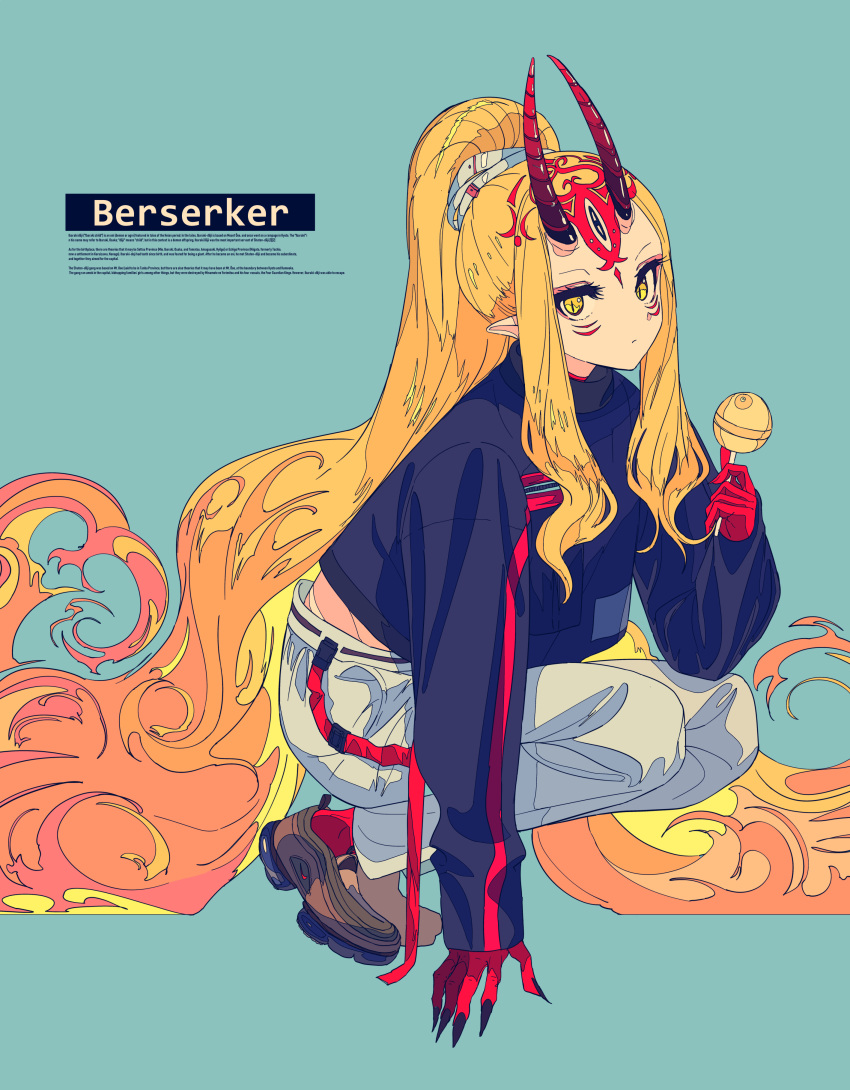 1girl absurdly_long_hair absurdres alternate_hairstyle arm_support black_shirt blonde_hair brown_footwear candy character_name closed_mouth commentary english facial_mark fate/grand_order fate_(series) food forehead_mark green_background high_ponytail highres holding holding_food holding_lollipop horns ibaraki_douji_(fate/grand_order) kogecha_(coge_ch) loafers lollipop long_hair long_sleeves looking_at_viewer oni oni_horns pants pointy_ears ponytail puffy_long_sleeves puffy_sleeves shirt shoes sidelocks sleeves_past_wrists solo squatting very_long_hair white_pants yellow_eyes