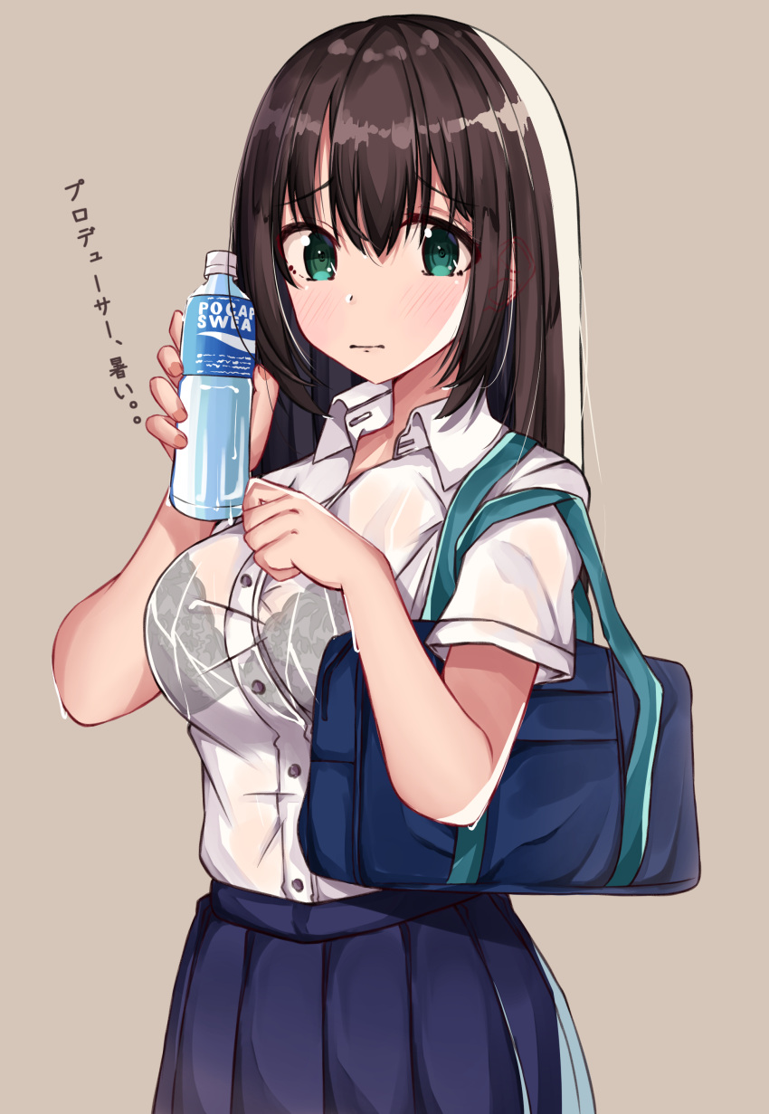 1girl absurdres bag bangs black_bra blue_skirt blush bottle bra bra_through_clothes breasts brown_background brown_hair closed_mouth collared_shirt commentary_request dress_shirt eyebrows_visible_through_hair green_eyes hair_between_eyes hands_up highres holding holding_bottle idolmaster idolmaster_cinderella_girls idolmaster_cinderella_girls_starlight_stage looking_at_viewer medium_breasts norazura pleated_skirt pocari_sweat school_bag school_uniform see-through shibuya_rin shirt simple_background skirt solo translated underwear water_bottle wet wet_clothes wet_shirt white_shirt