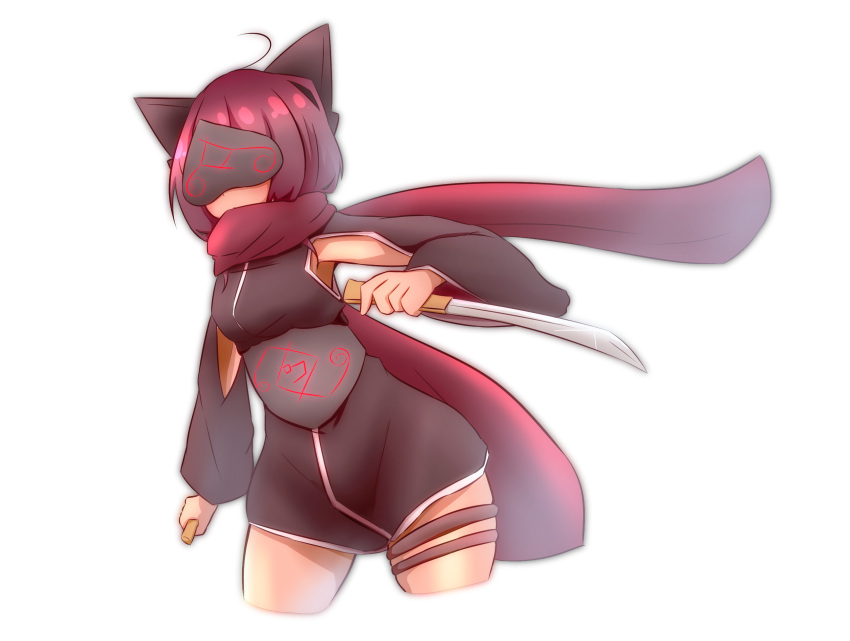 1girl ahoge animal_ears black_kimono cat_ears covered_eyes cropped_legs dual_wielding facing_viewer highres holding holding_sword holding_weapon idaten93 japanese_clothes kimono long_hair ninja original red_scarf redhead scarf short_kimono short_sword simple_background solo sword weapon white_background
