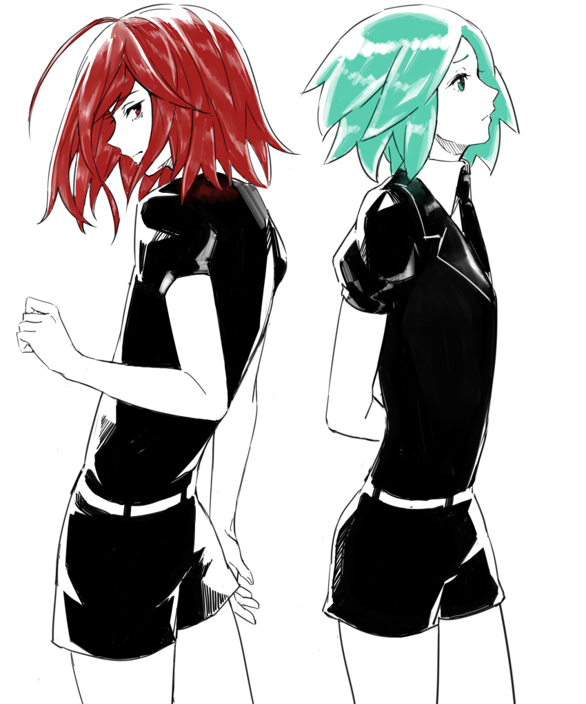 2others ahoge androgynous back-to-back gem_uniform_(houseki_no_kuni) green_eyes green_hair highres houseki_no_kuni looking_at_another looking_back multiple_others necktie phosphophyllite red_eyes redhead shinsha_(houseki_no_kuni) short_hair white_background