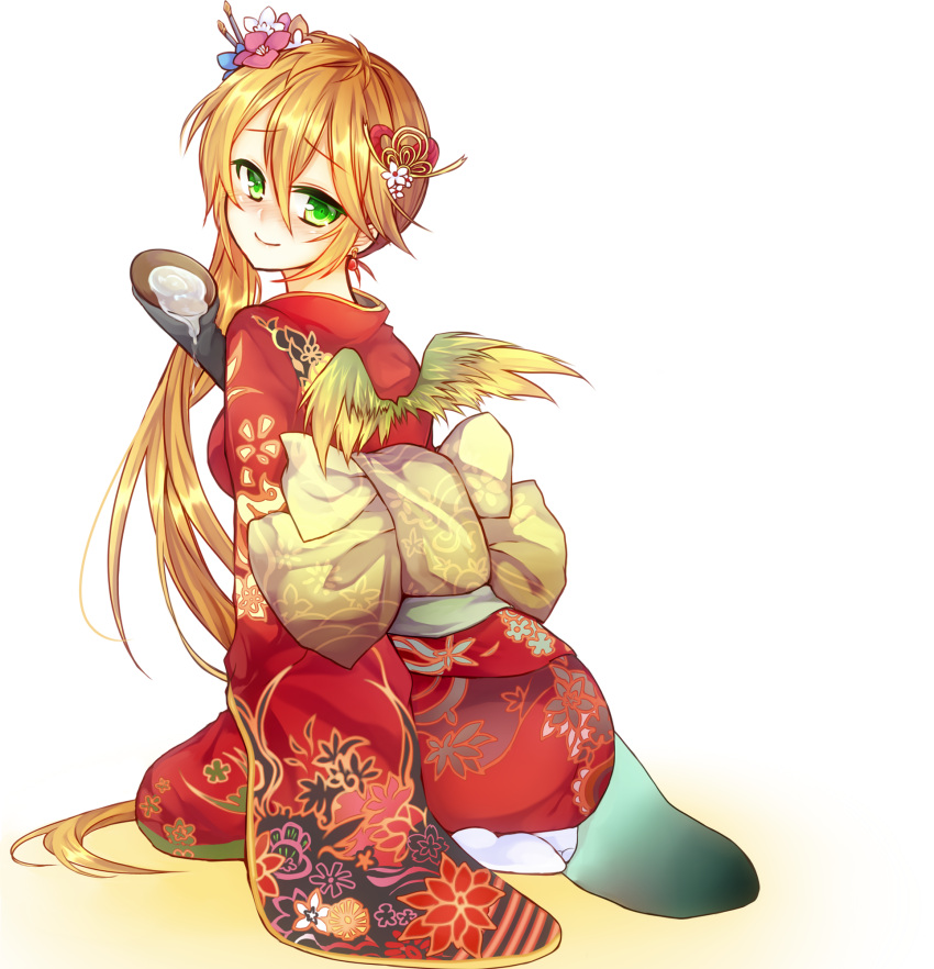 1girl bird_wings blush commentary_request cup flower green_eyes hair_flower hair_ornament highres japanese_clothes kanataww kimono leilan_(p&amp;d) long_hair looking_back orange_hair puzzle_&amp;_dragons sakazuki side_ponytail sitting smile solo wariza wings