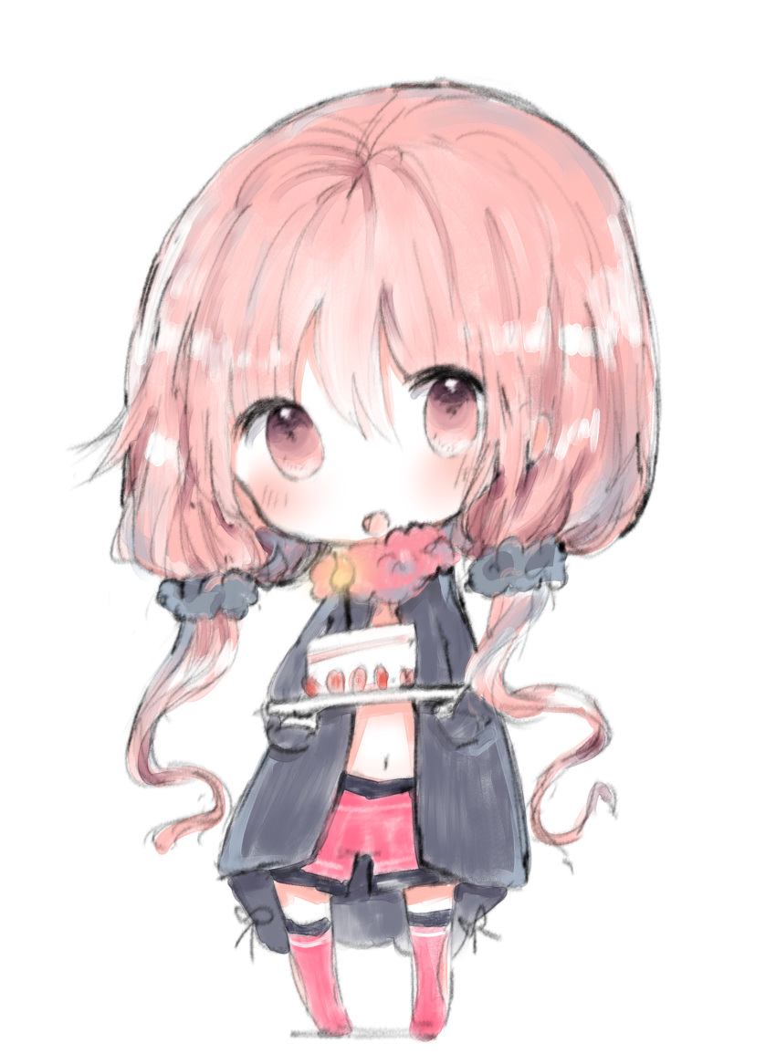 1girl :d bangs black_jacket black_scrunchie blush cake chibi cottontailtokki eyebrows_visible_through_hair food full_body hair_between_eyes hair_ornament hair_scrunchie highres holding holding_plate jacket long_hair low_twintails navel no_shoes open_mouth original pink_hair plate red_eyes red_shorts redhead scrunchie short_shorts shorts slice_of_cake smile solo standing thigh-highs twintails very_long_hair white_background