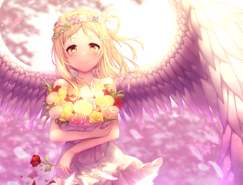1girl ahoge angel_wings blonde_hair blush bouquet braid crown_braid dress feathered_wings flower hair_ornament hair_rings hairpin halter_dress head_wreath holding holding_bouquet kokkeina_budou looking_at_viewer love_live! love_live!_sunshine!! medium_hair ohara_mari petals red_flower red_rose rose smile solo white_feathers wings yellow_eyes yellow_flower yellow_rose