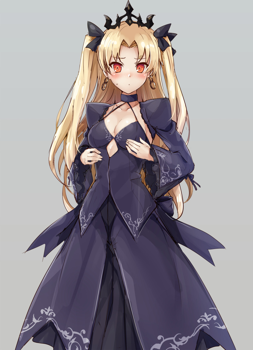 1girl :&lt; absurdres artoria_pendragon_(all) bangs black_dress blonde_hair bow breasts choker cleavage commentary_request cosplay dress earrings ereshkigal_(fate/grand_order) fate/grand_order fate_(series) grey_background hair_bow hair_ornament hair_ribbon hands_on_own_chest highres jewelry long_hair looking_at_viewer medium_breasts orange_eyes parted_bangs ribbon saber_alter saber_alter_(cosplay) samoore simple_background solo sweatdrop tiara twintails two_side_up wide_sleeves yellow_eyes