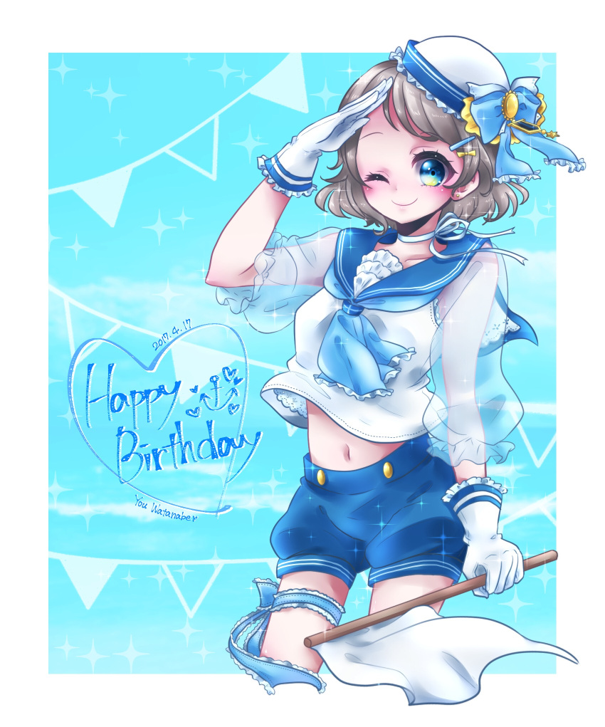 1girl ;) blue_neckwear blue_ribbon blue_shorts blush bow character_name dated earrings flag frilled_gloves frilled_skirt frills gem gloves grey_hair hair_bow hair_ornament hairpin happy_birthday hat hat_ribbon highres holding holding_flag jewelry leg_ribbon looking_at_viewer love_live! love_live!_sunshine!! navel neck_ribbon neckerchief one_eye_closed ribbon salute school_uniform serafuku shorts skirt smile solo sparkle string_of_flags transparent_sleeves watanabe_you white_flag white_gloves wosusi yellow_bow