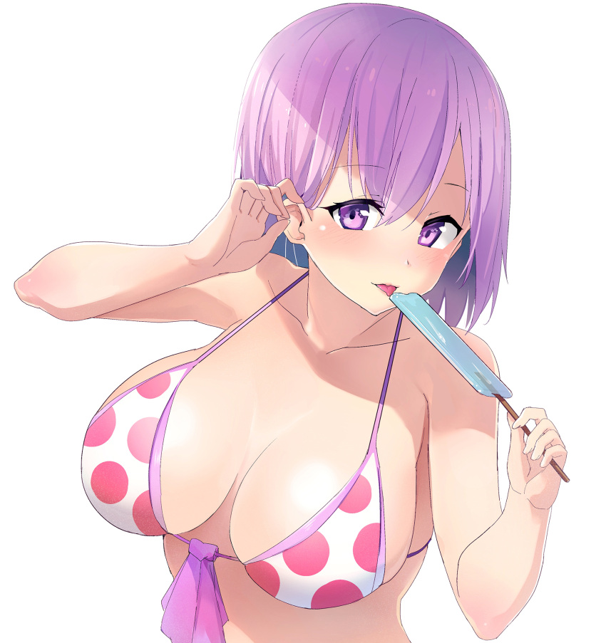 1girl :p bangs bare_shoulders bikini blush breasts breasts_apart collarbone eyebrows_visible_through_hair eyelashes fate/grand_order fate_(series) food front-tie_bikini front-tie_top hair_between_eyes hair_tucking hands_up highres holding large_breasts looking_at_viewer mash_kyrielight open_mouth popsicle purple_hair short_hair sideboob simple_background skindentation smile solo swimsuit tongue tongue_out violet_eyes white_background xiaodi