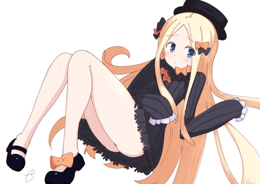 1girl abigail_williams_(fate/grand_order) ass bangs black_bow black_dress black_footwear black_hat blonde_hair blue_eyes blush bow bug butterfly closed_mouth commentary_request dress eyebrows_visible_through_hair fate/grand_order fate_(series) forehead hair_bow hat insect kujou_karasuma long_hair long_sleeves looking_at_viewer mary_janes orange_bow parted_bangs polka_dot polka_dot_bow shoes signature simple_background sleeves_past_fingers sleeves_past_wrists solo very_long_hair white_background