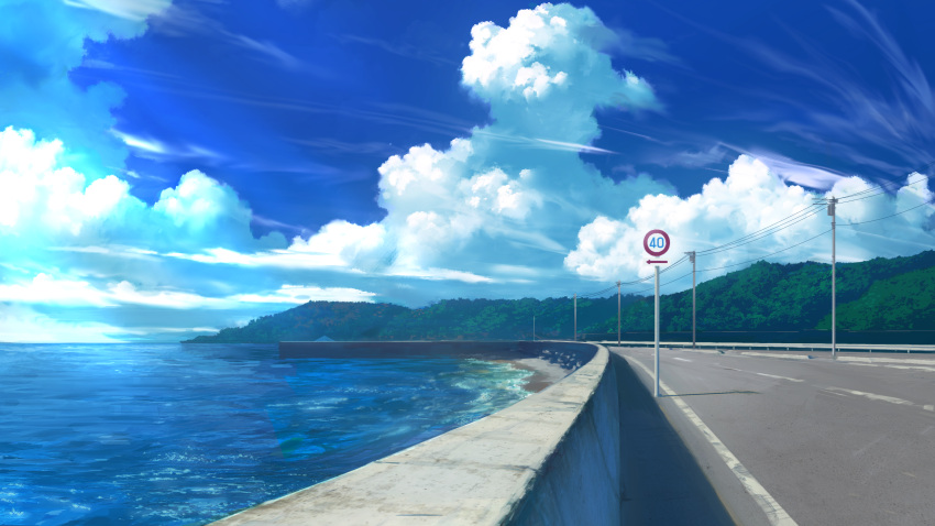 absurdres clouds cloudy_sky day guard_rail highres no_humans ocean original outdoors peke_(shadow105) road road_sign scenery sign sky summer