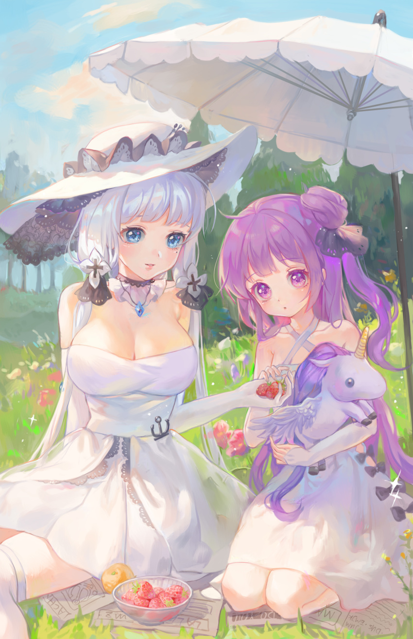 2girls :o absurdres anchor azur_lane bangs bare_shoulders black_bow black_ribbon blue_eyes blue_flower blue_sky blush bow bowl breasts cleavage clouds collarbone commentary criss-cross_halter day detached_sleeves dress eyebrows_visible_through_hair fingernails flower food fruit hair_bun hair_ribbon halterneck hat head_tilt highres holding holding_food illustrious_(azur_lane) large_breasts long_hair long_sleeves low_twintails maccha_(mochancc) multiple_girls object_hug outdoors parasol parted_lips purple_hair red_flower ribbon seiza side_bun silver_hair sitting sky sleeves_past_wrists star star_in_eye strawberry stuffed_animal stuffed_pegasus stuffed_toy stuffed_unicorn symbol_in_eye thigh-highs twintails umbrella unicorn_(azur_lane) very_long_hair violet_eyes white_dress white_hat white_legwear white_umbrella