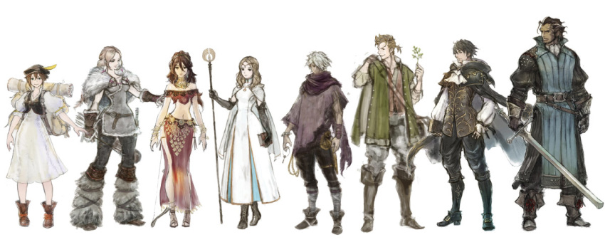 4boys 4girls alfyn_(octopath_traveler) blonde_hair boots brown_hair cyrus_(octopath_traveler) dancer earrings everyone gloves h'aanit_(octopath_traveler) hair_over_one_eye hat hoop_earrings jewelry map midriff mole mole_under_mouth multiple_boys multiple_girls octopath_traveler official_art olberic_eisenberg ophilia_(octopath_traveler) poncho primrose_azelhart sandals scar scarf serious smile square_enix staff sword therion_(octopath_traveler) tressa_(octopath_traveler) weapon yoshida_akihiko
