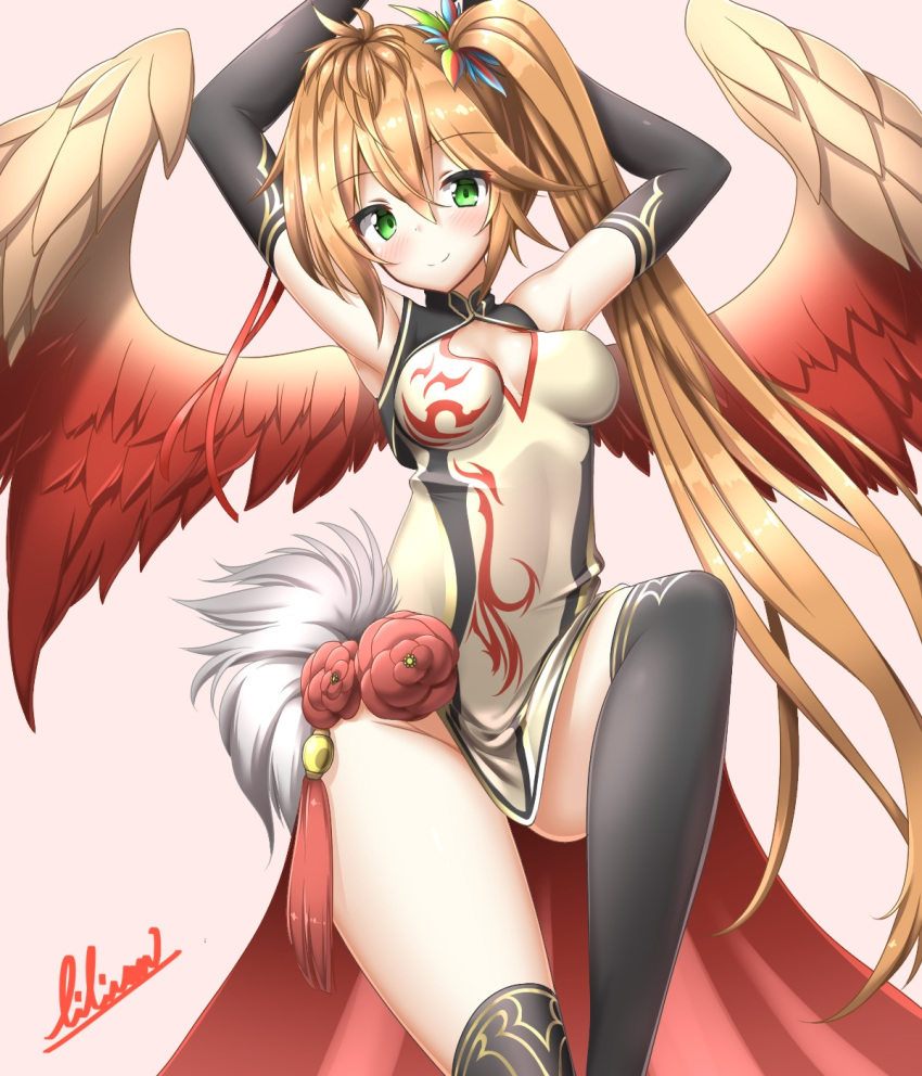 1girl bird_wings black_gloves black_legwear blush breasts brown_hair china_dress chinese_clothes cleavage_cutout commentary_request dress elbow_gloves gloves green_eyes highres kneehighs leilan_(p&amp;d) lilium0235 long_hair medium_breasts puzzle_&amp;_dragons side_ponytail signature smile solo wings