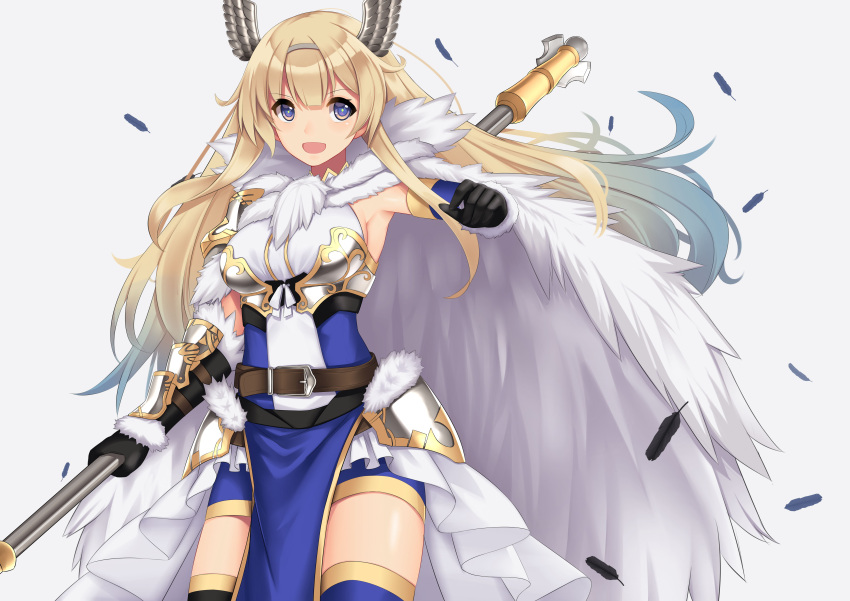 1girl absurdres allenes belt bible_bullet black_gloves blonde_hair blue_eyes blue_skirt blush breasts eyebrows_visible_through_hair feathers gloves hairband highres large_breasts long_hair looking_at_viewer open_mouth skirt smile solo