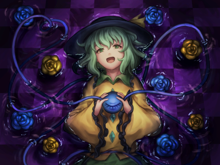 1girl :d bangs blue_flower blue_rose checkered checkered_floor chikopudding commentary english_commentary eyebrows_visible_through_hair flower frilled_shirt_collar frilled_sleeves frills from_above green_eyes green_hair green_skirt hair_between_eyes hat hat_ribbon head_tilt heart heart_of_string holding in_water komeiji_koishi long_sleeves lying on_back open_mouth partially_submerged ribbon rose shirt short_hair skirt smile solo third_eye touhou upper_body yellow_flower yellow_rose yellow_shirt