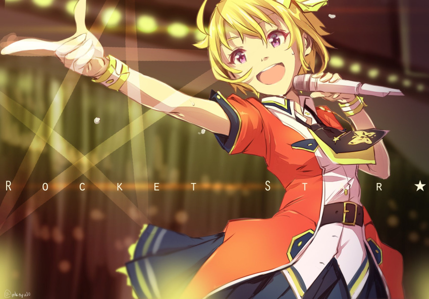1girl :d ahoge bangs belt blonde_hair blue_skirt blurry blurry_background collared_shirt commentary_request highres holding holding_microphone ibuki_tsubasa idolmaster idolmaster_million_live! jacket microphone necktie open_mouth pointing round_teeth shirt short_hair short_sleeves skirt smile solo song_name stage_lights star teeth twitter_username upper_teeth violet_eyes wristband yoshito