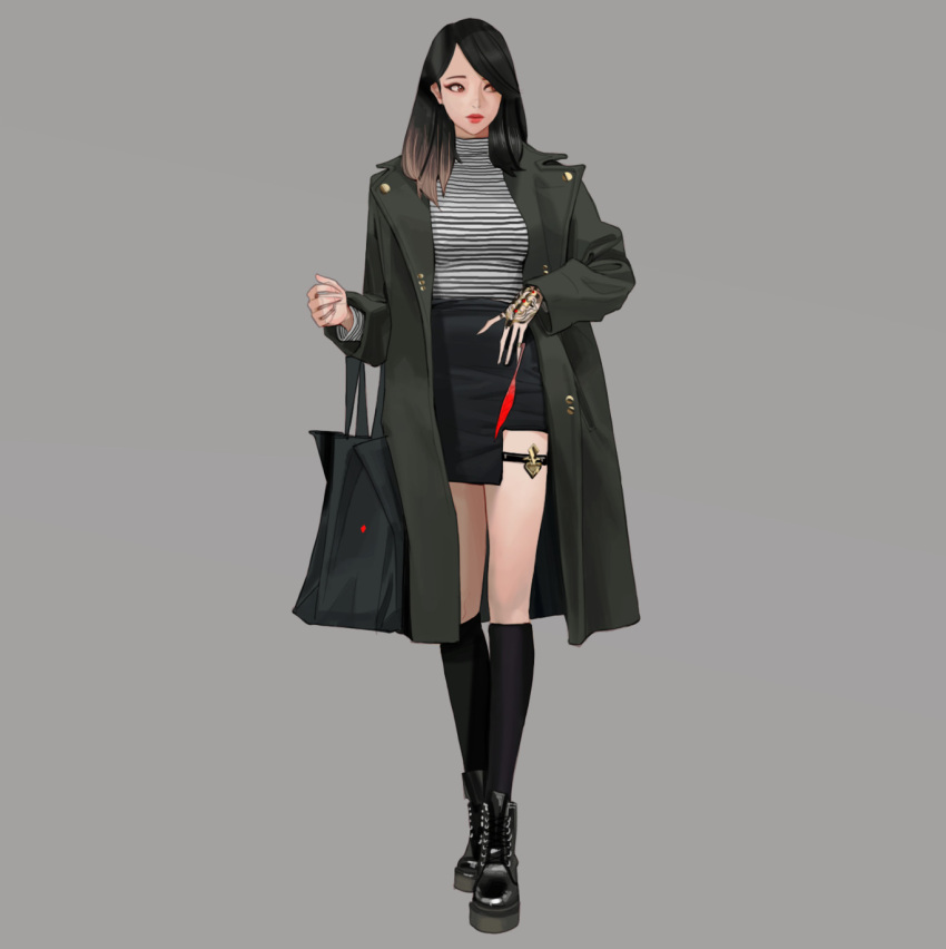 1girl bag black_footwear black_hair black_legwear black_skirt coat full_body green_coat handbag highres holding long_hair looking_away open_mouth original platform_footwear shirt simple_background skeletal_hand skirt solo striped striped_shirt wonbin_lee