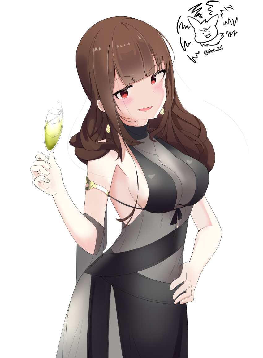 1girl absurdres alcohol black_dress black_ribbon brown_hair cup dress drinking_glass dsr-50_(girls_frontline) girls_frontline hand_on_hip highres long_hair looking_at_viewer open_clothes open_mouth red_eyes ribbon rot_zzi smile wine wine_glass