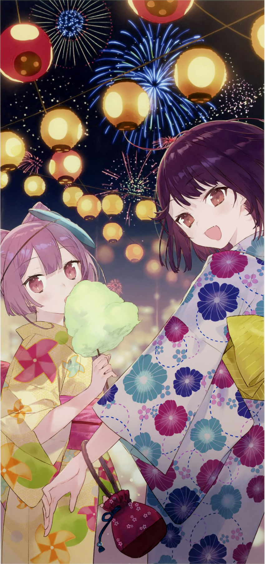 2girls absurdres atelier_(series) atelier_sophie blush brown_eyes brown_hair candy_apple cornelia_(atelier) cotton_candy festival fireworks floral_print flower food hair_flower hair_ornament highres huge_filesize japanese_clothes kimono lantern looking_at_viewer multiple_girls night night_sky noco_(adamas) obi official_art open_mouth outdoors pink_eyes pink_hair sash scan short_hair short_kimono sky smile sophie_neuenmuller star_(sky) starry_sky summer_festival wide_sleeves yukata