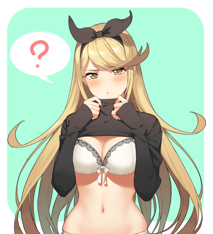 1girl ? absurdres bangs blonde_hair blush bra breasts cleavage earrings hair_ribbon hairband highres mythra_(xenoblade) icarus_(632247131) jewelry large_breasts long_sleeves looking_at_viewer navel panties ribbon shirt_lift sleeves_past_wrists solo spoken_question_mark stud_earrings swept_bangs turtleneck underwear white_bra white_panties xenoblade_(series) xenoblade_2 yellow_eyes