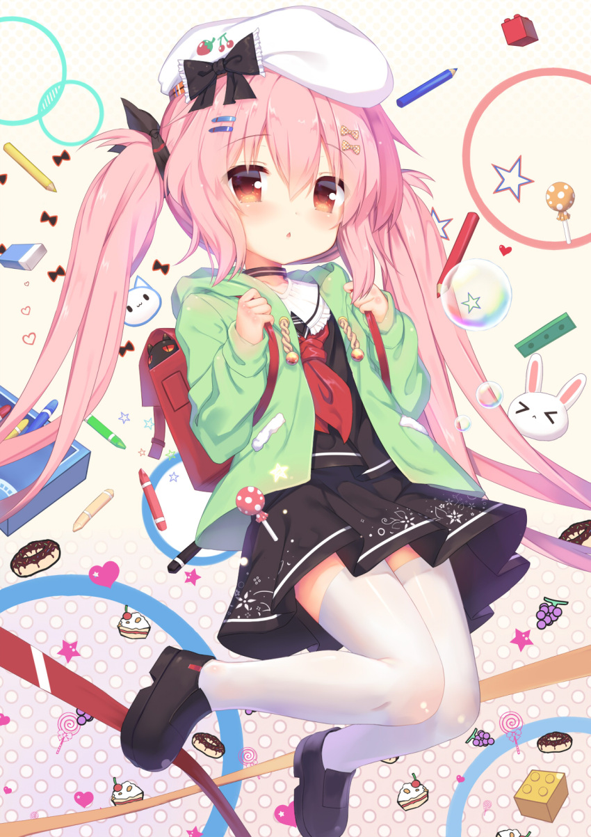 &gt;_&lt; 1girl :&lt; alternate_costume alternate_hairstyle azur_lane backpack bag bangs beret black_bow black_footwear black_ribbon black_shirt black_skirt blush bow brown_bow bubble cake candy chestnut_mouth chocolate_doughnut closed_eyes closed_mouth colored_pencil commentary doughnut eraser eyebrows_visible_through_hair food green_jacket hair_between_eyes hair_bow hair_ornament hair_ribbon hairclip hamakaze_(azur_lane) hat highres hood hood_down hooded_jacket jacket lego_brick loafers lollipop long_hair long_sleeves neckerchief open_clothes open_jacket parted_lips pencil pink_hair pleated_skirt polka_dot polka_dot_bow randoseru red_eyes red_neckwear ribbon school_uniform shirt shoes skirt sleeves_past_wrists slice_of_cake solo swirl_lollipop thigh-highs tsubaki_(yi) twintails very_long_hair white_hat white_legwear